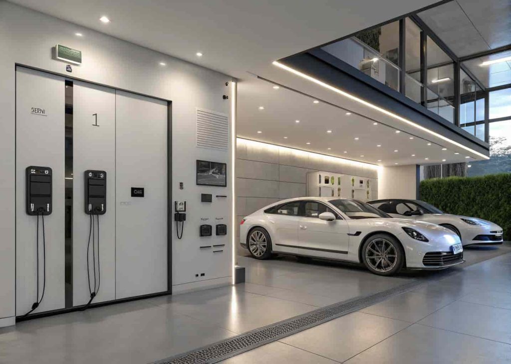 A smart tech luxury garage with EV charging stations, automated lighting systems, and multiple electric vehicles in a minimalist space.