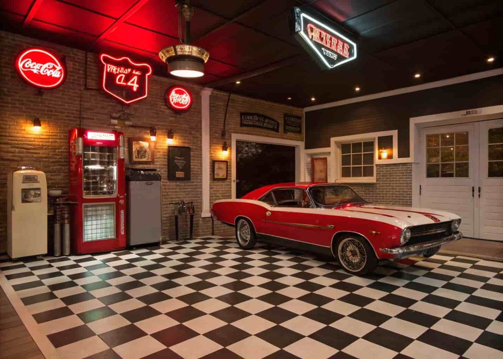 A Vintage Americana garage with checkerboard floors, neon signs, retro diner elements, and a classic American muscle car.