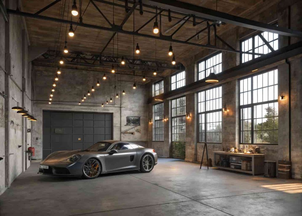 An industrial loft luxury garage with exposed steel beams, raw concrete walls, Edison bulb lighting, and a matte sports car on display.