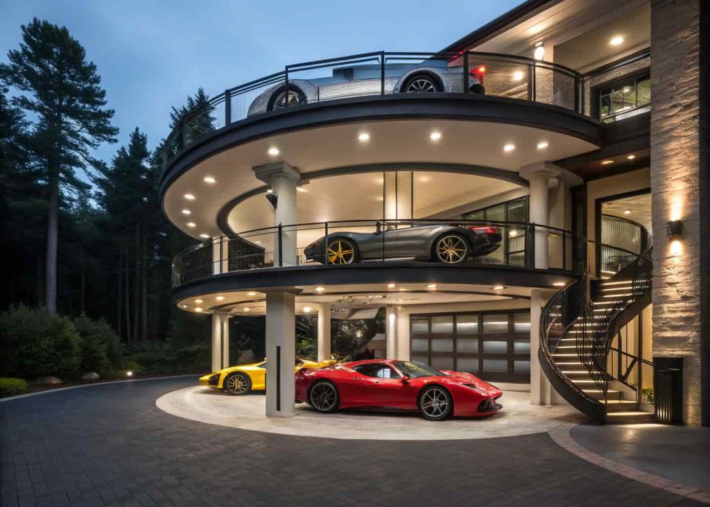 A fully custom multi-level dream garage with rotating car platforms, dramatic lighting, and a collection of exotic supercars on display.