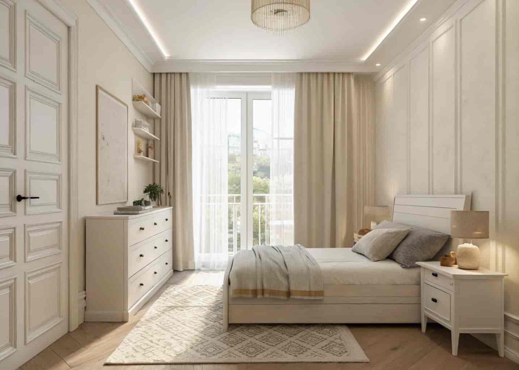 A small bedroom painted in soft cream and white tones with large sheer curtains letting in natural light, making the room feel open and airy.