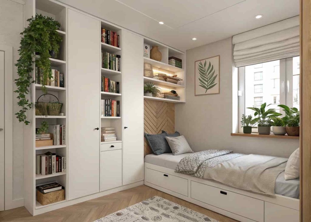 A compact bedroom featuring tall floating shelves extending to the ceiling above the bed, storing books, plants, and decorative items to maximize vertical storage space.