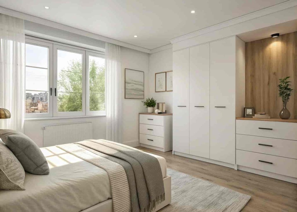 A minimalist small bedroom with clear surfaces, a neatly made bed, and only a few thoughtfully chosen decor items, creating a calm and spacious feel.