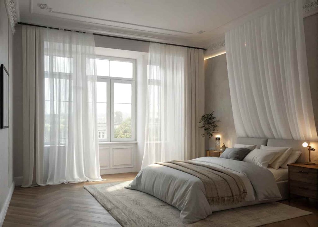 A small bedroom with sheer white curtains hung from near the ceiling down to the floor, creating an illusion of height and making the compact room feel grander.