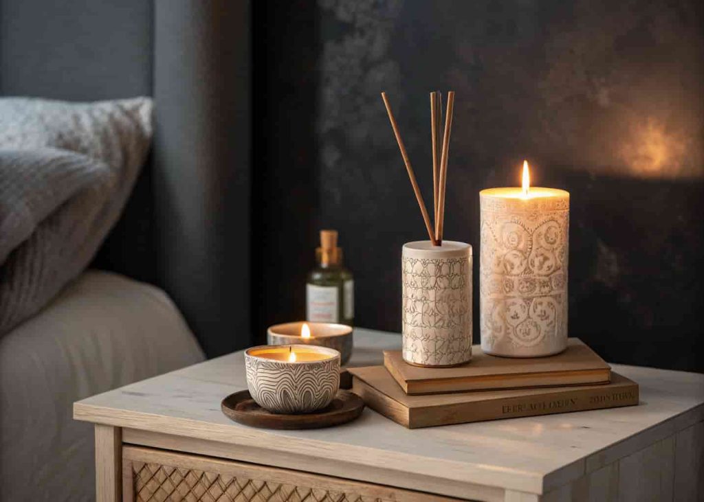 Candles and reed diffuser on a bedroom nightstand creating a warm, scented, and calming moody bedroom atmosphere.