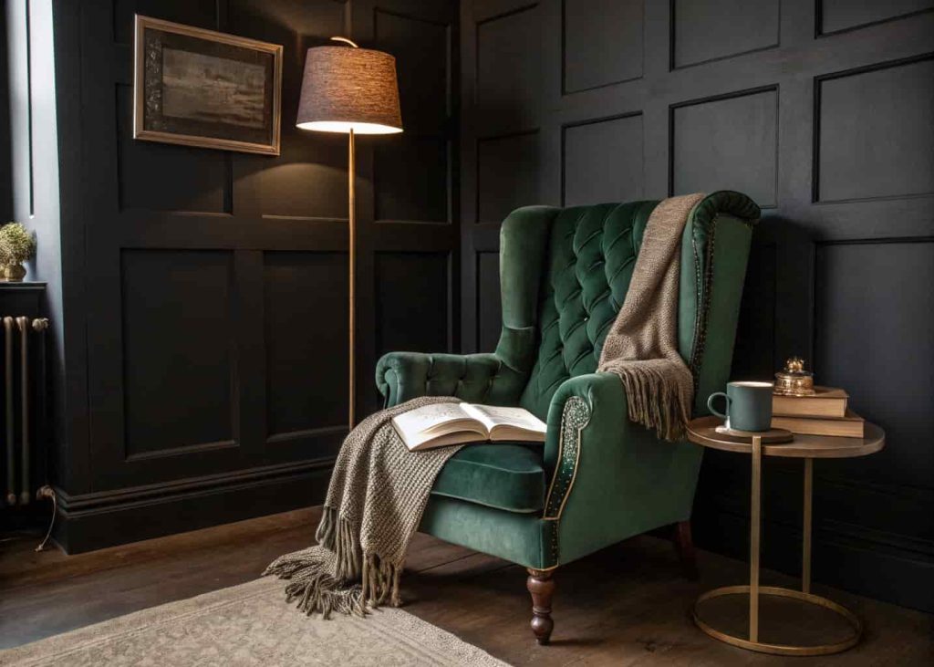 Deep green velvet armchair reading nook in a moody bedroom corner with floor lamp and books creating the ultimate cozy sleep sanctuary retreat