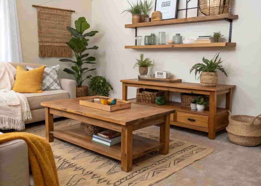 A warm living room featuring honey-toned wood coffee table and floating shelves surrounded by soft textiles and plants