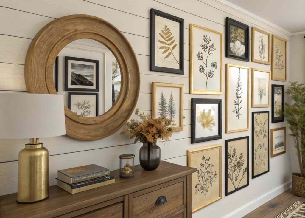 A cozy gallery wall with mixed frame styles, warm-toned art prints, a round mirror, and botanical illustrations creating a personal and inviting display