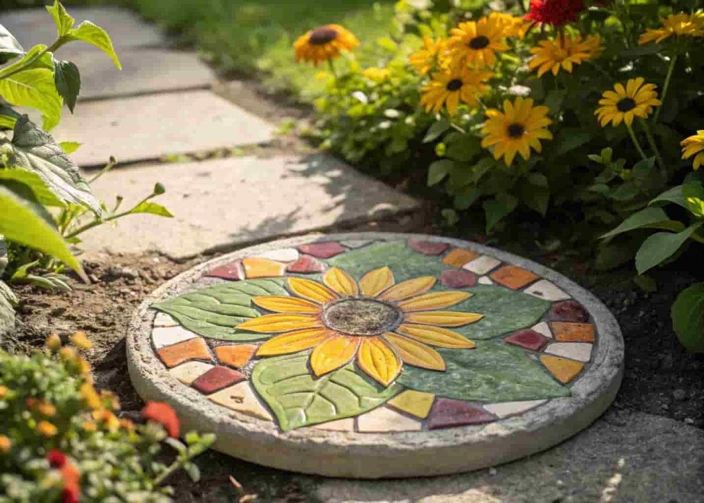 Handmade mosaic stepping stone featuring a sunflower design made with yellow and orange ceramic tiles in a garden.