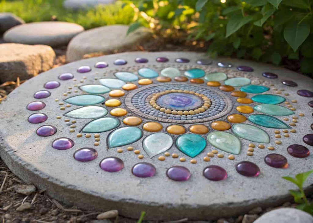 DIY stepping stone decorated with colorful flat glass gems arranged in a mandala pattern set in a garden path.