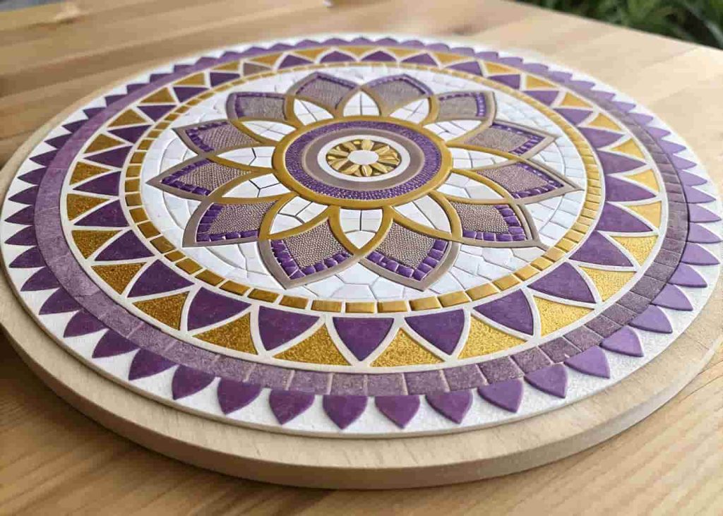 Completed mandala mosaic stepping stone with concentric rings of purple gold and white tiles viewed from overhead.