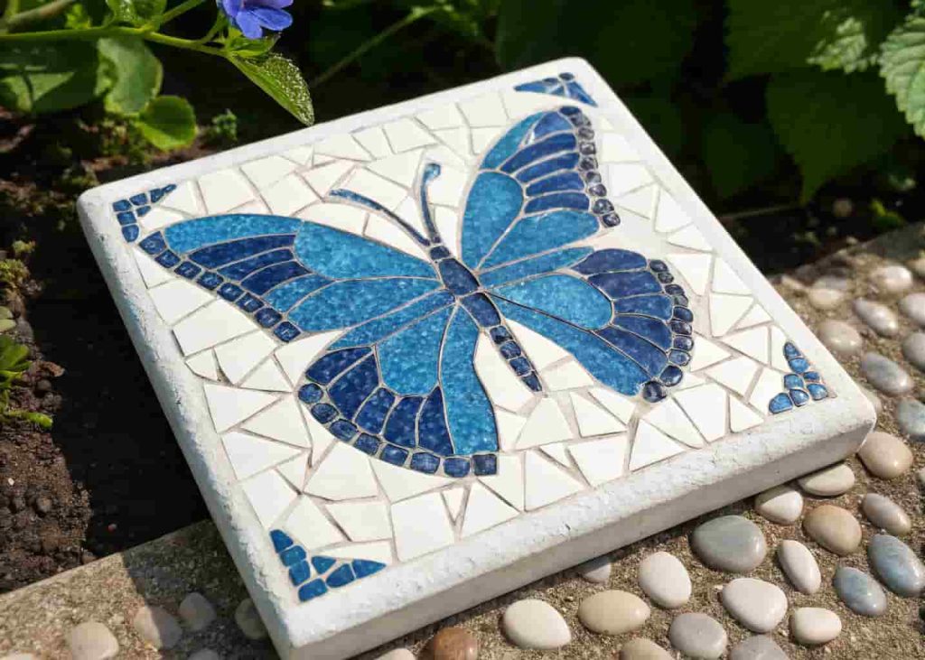 Handmade mosaic stepping stone with a blue butterfly silhouette made from cobalt blue tiles on a white background in a garden.
