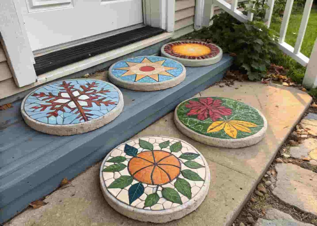 Four seasonal mosaic stepping stones showing a snowflake pumpkin sun and flower design arranged on a porch.