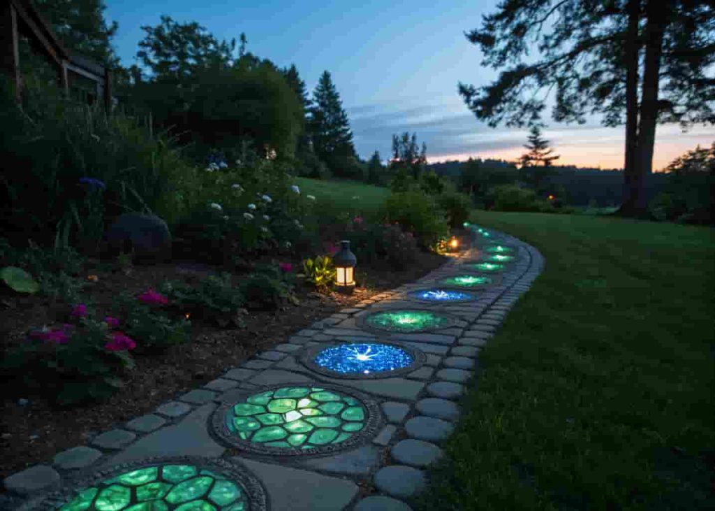 Mosaic stepping stone with glow-in-the-dark glass gems glowing softly green and blue on a garden path at dusk.