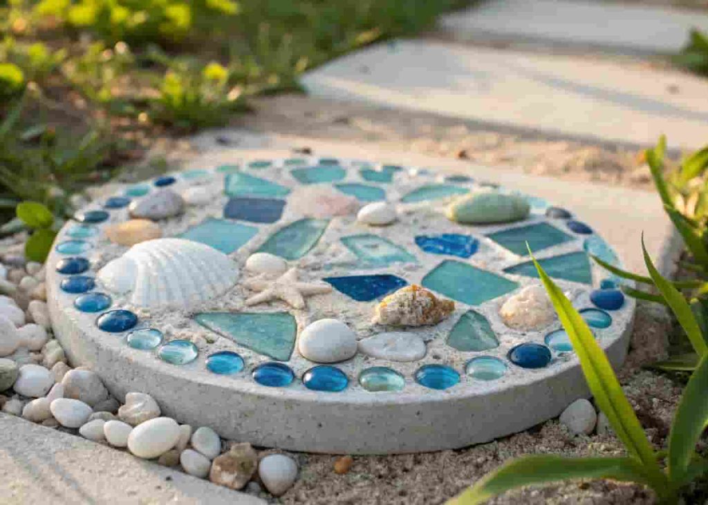 Mixed media mosaic stepping stone combining sea glass shells glass gems and pebbles in a coastal blue and white palette.
