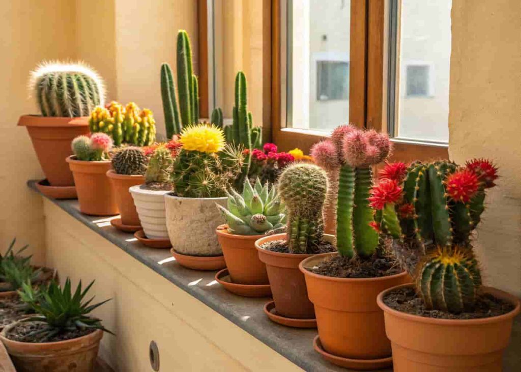 Assorted low-maintenance cacti and succulents on a sunny windowsill in terracotta pots