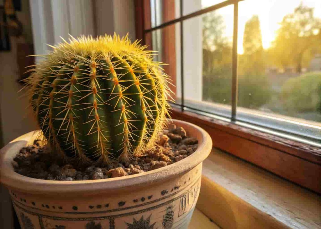 Round golden barrel cactus with yellow spines in a ceramic pot by a sunny window