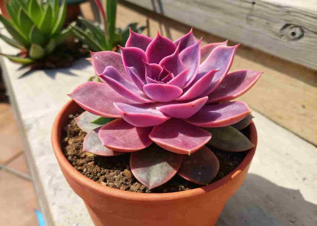 Pink and purple Echeveria rosette succulent in a terracotta pot under natural daylight