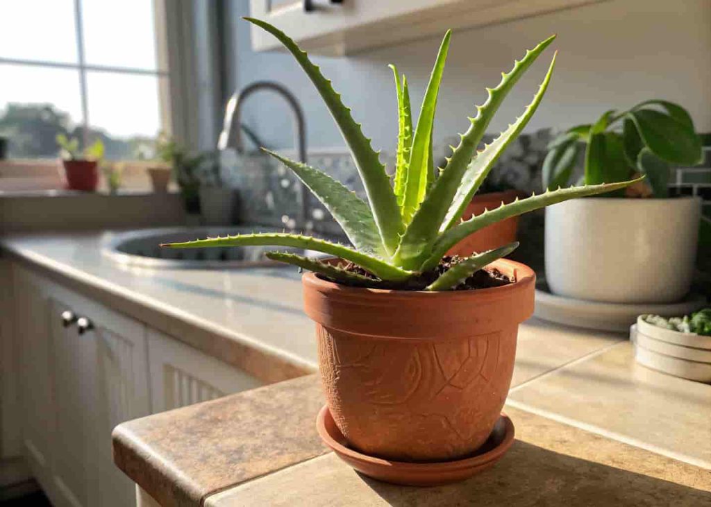 Healthy aloe vera plant in a terracotta pot on a kitchen countertop with bright natural light