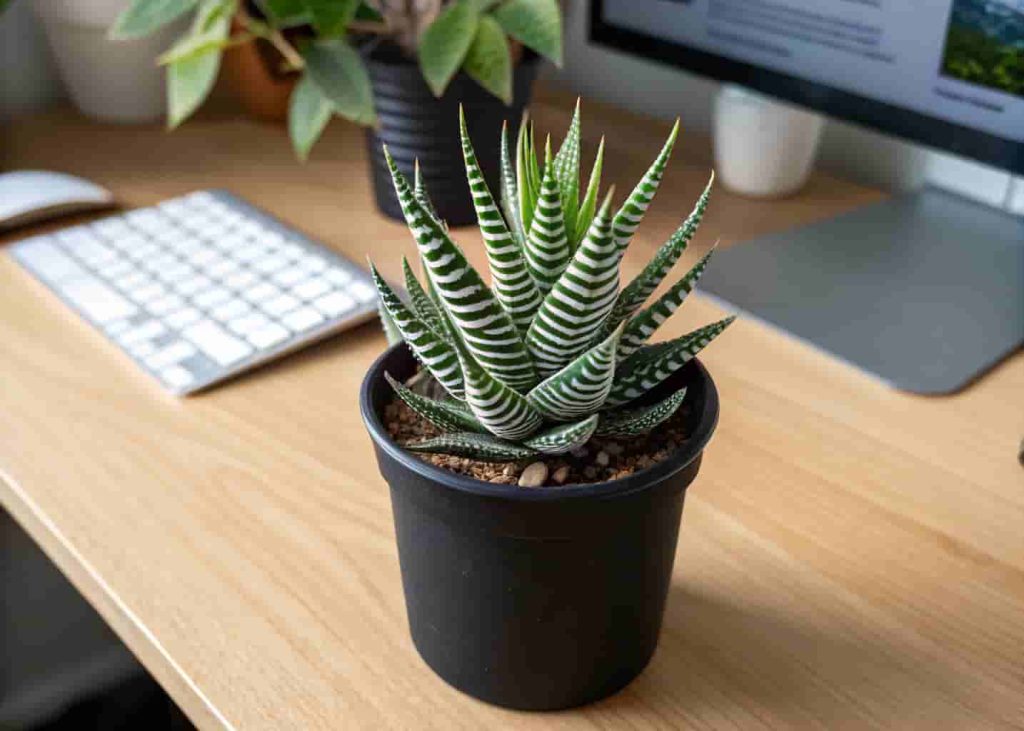 Real photograph of a Haworthia zebra succulent in a small black pot on a wooden desk, soft indoor lighting, sharp focus on white striped leaves