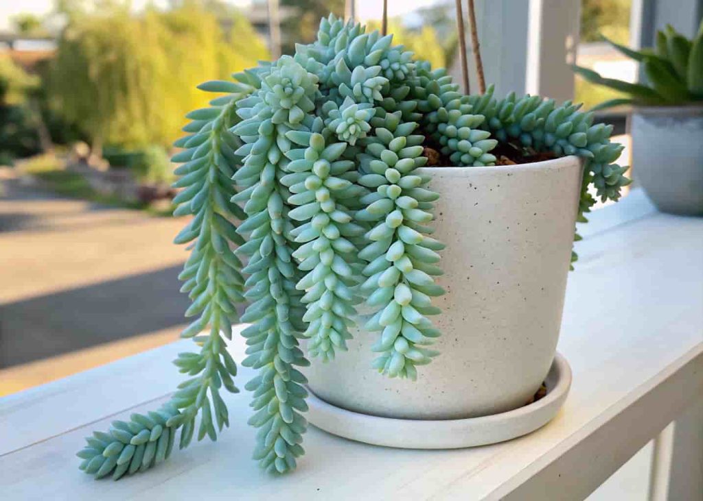 Trailing Burro's Tail succulent with blue-green overlapping leaves hanging in a white ceramic pot