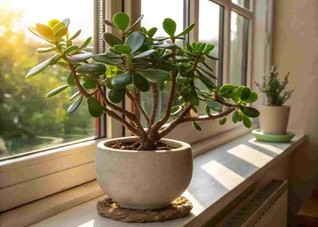 Mature jade plant with glossy green oval leaves in a ceramic pot on a bright sunny windowsill