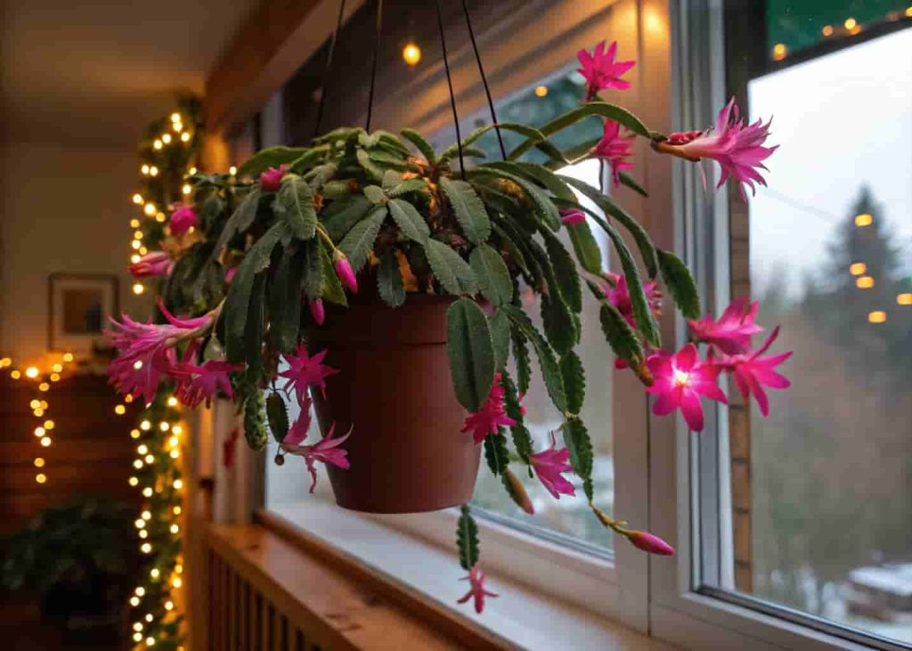 Blooming Christmas cactus with pink flowers in a hanging indoor pot near a window