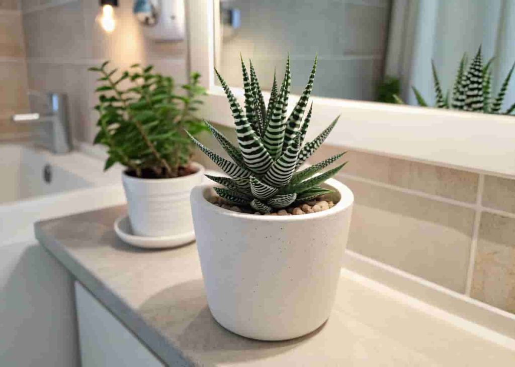 Small zebra plant cactus with white striped dark green leaves in a white pot on a shelf