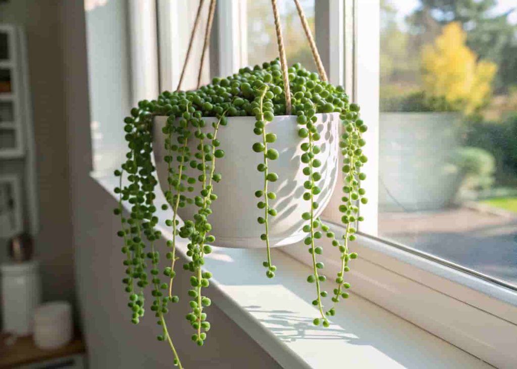 String of Pearls succulent with round green bead-like trailing stems in a hanging white pot near a window