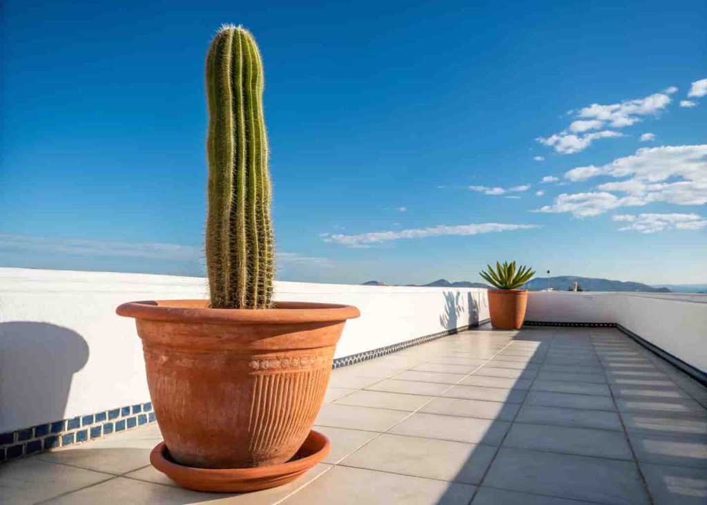 Young saguaro cactus in a large terracotta pot on a sunny patio with a clear blue sky background