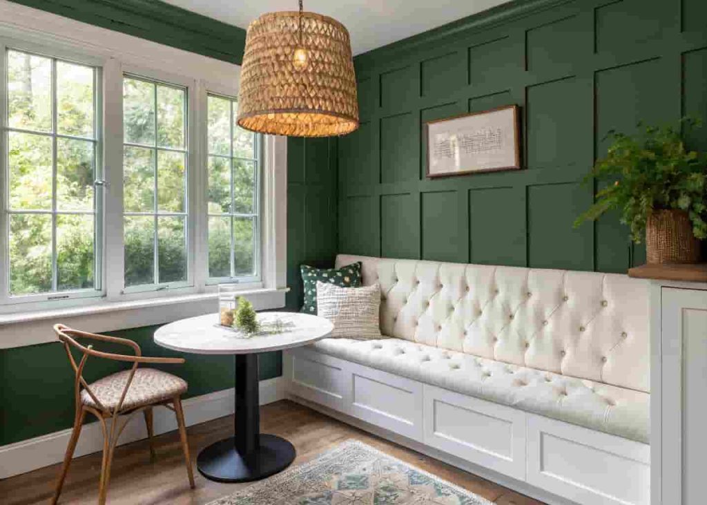 DIY banquette breakfast nook with forest green accent wall, built-in bench seat, and rattan pendant light