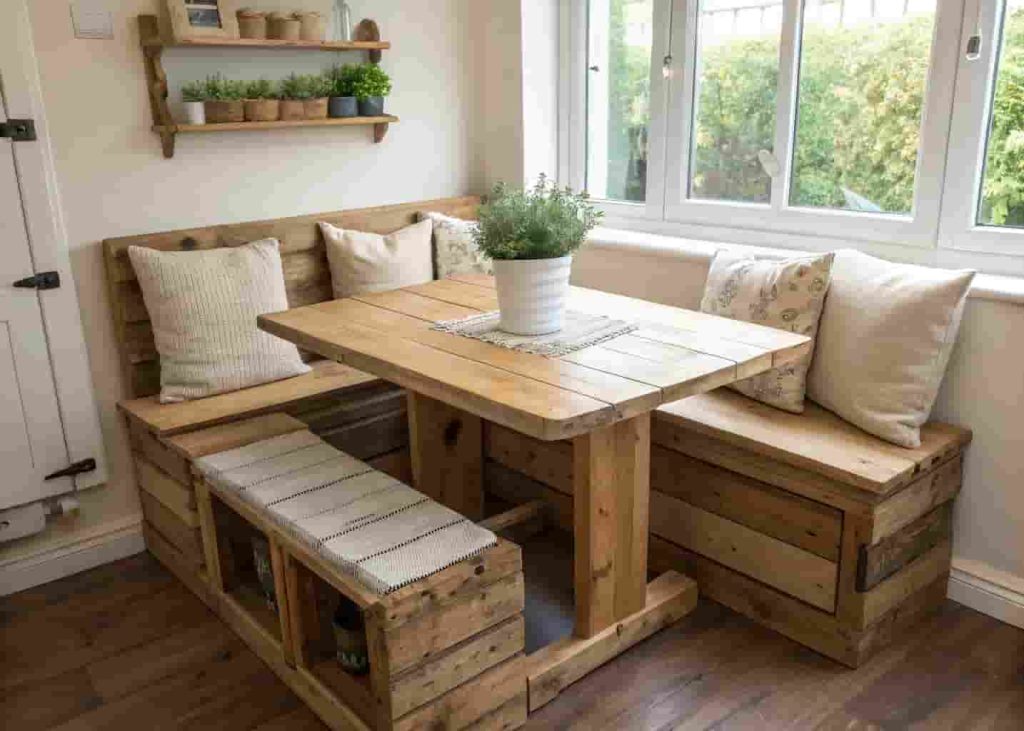 Rustic DIY breakfast nook built from reclaimed pallet wood with linen cushion and potted herbs on windowsill