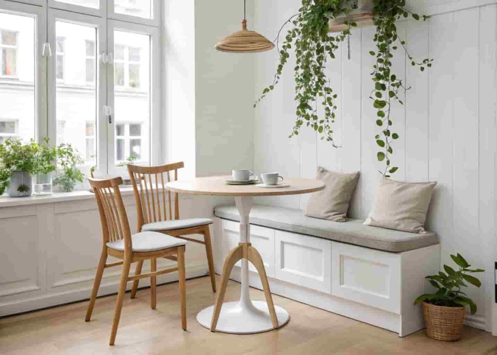 Scandinavian minimalist DIY breakfast nook with white bench, pale oak table, and single potted plant