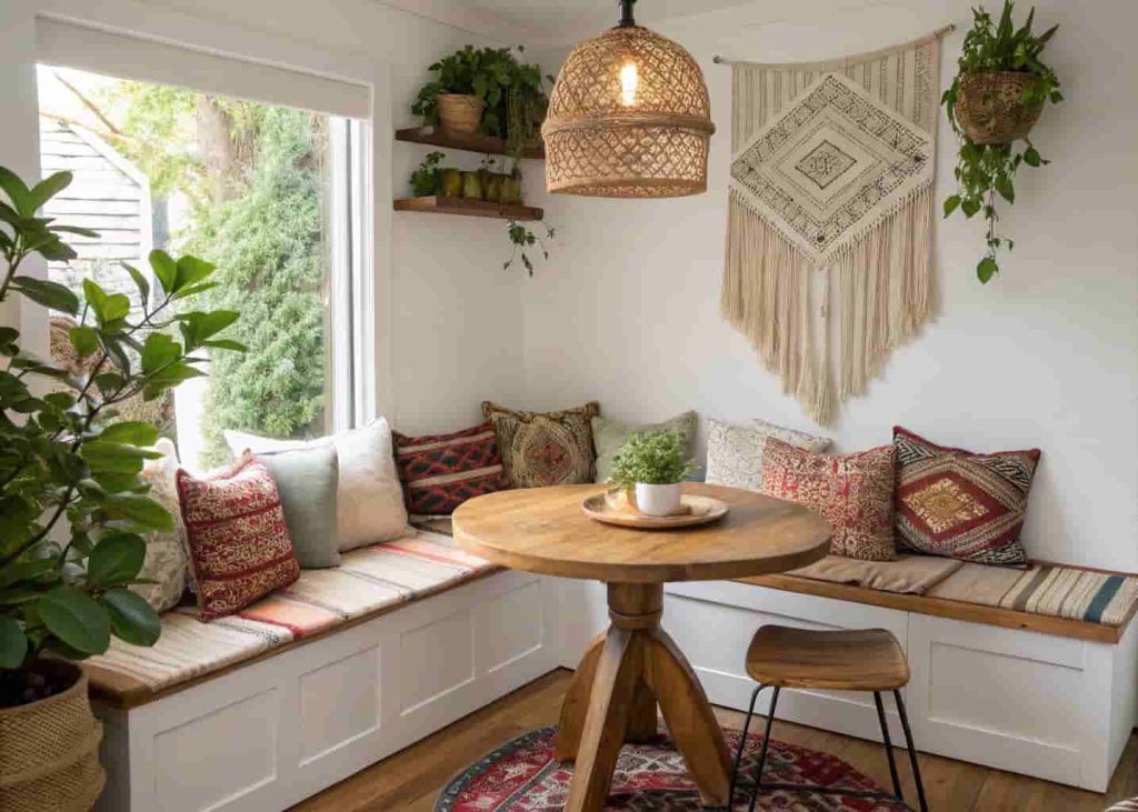 Bohemian DIY breakfast nook with kilim cushion, macramé wall decor, trailing plants, and rattan pendant light