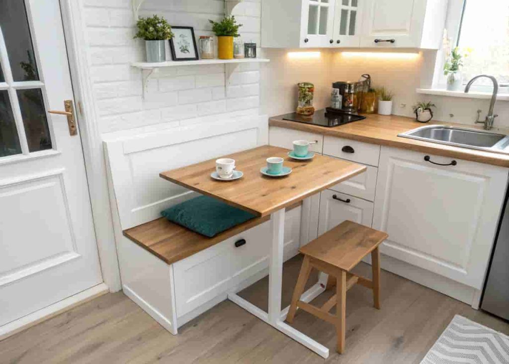 Fold-down wall-mounted DIY breakfast nook in a small white kitchen with compact bench and two coffee mugs