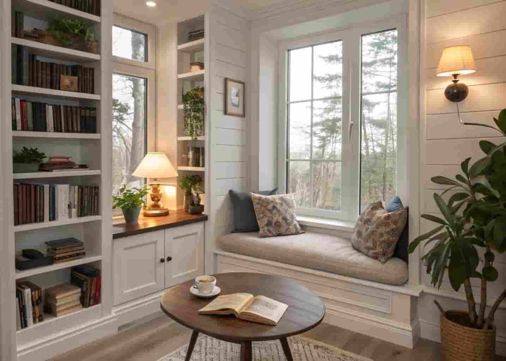 Farmhouse DIY breakfast nook with white shiplap wall, ticking stripe cushion, chunky wood table, and Edison bulb light