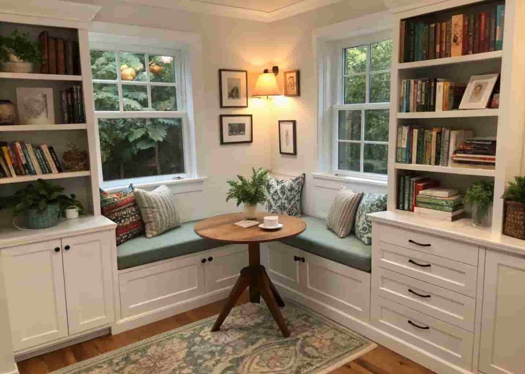 DIY breakfast nook reading corner with built-in bookshelves, small table, open book, and warm ambient lamp lighting