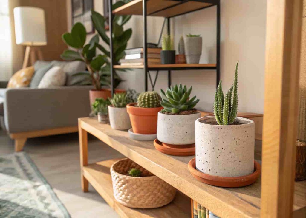 Assorted succulent planters on a wooden shelf in a cozy living room