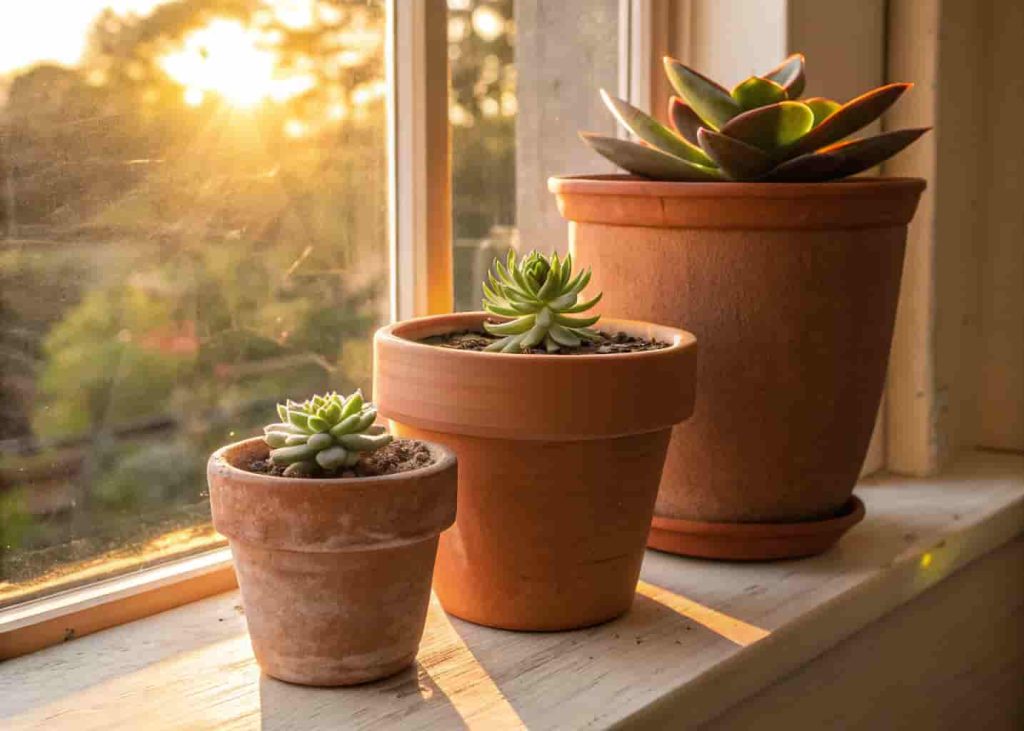 Terracotta succulent planters in various sizes on a kitchen windowsill in morning sunlight