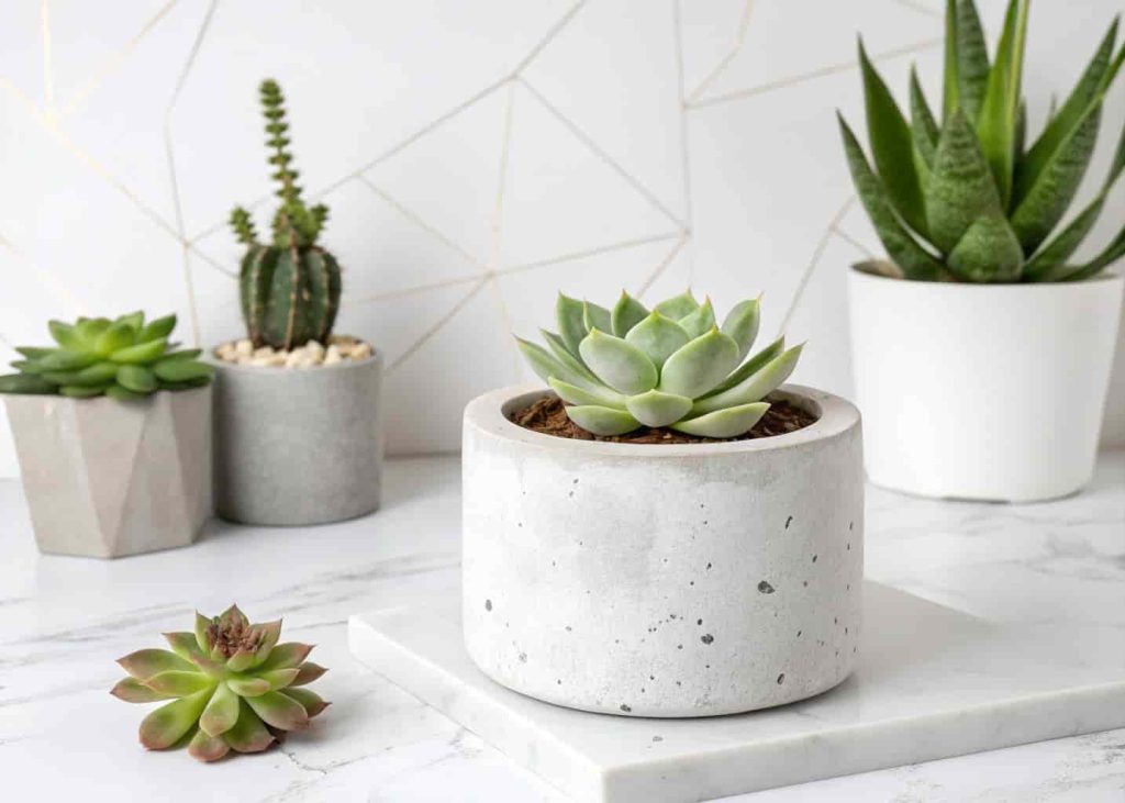 Concrete succulent planter with echeveria on a white marble desk in a modern home office