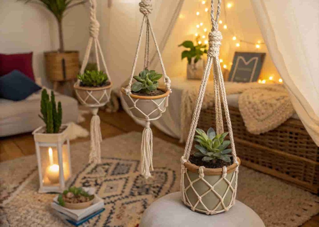 Hanging macrame succulent planters in a cozy boho corner with warm lighting