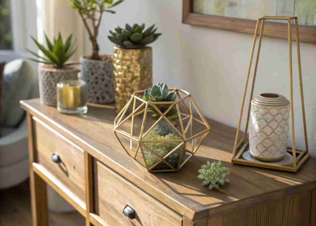 Gold geometric succulent planter styled on a wooden console table with home decor accessories