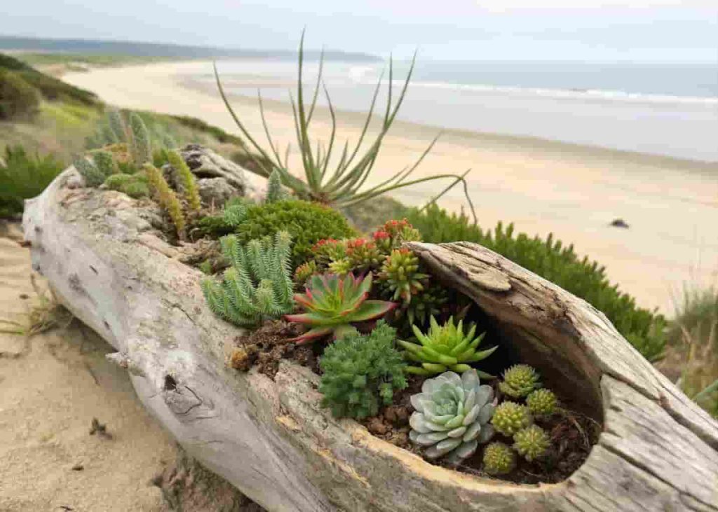 Driftwood succulent planter with small cacti displayed on a rustic wooden table