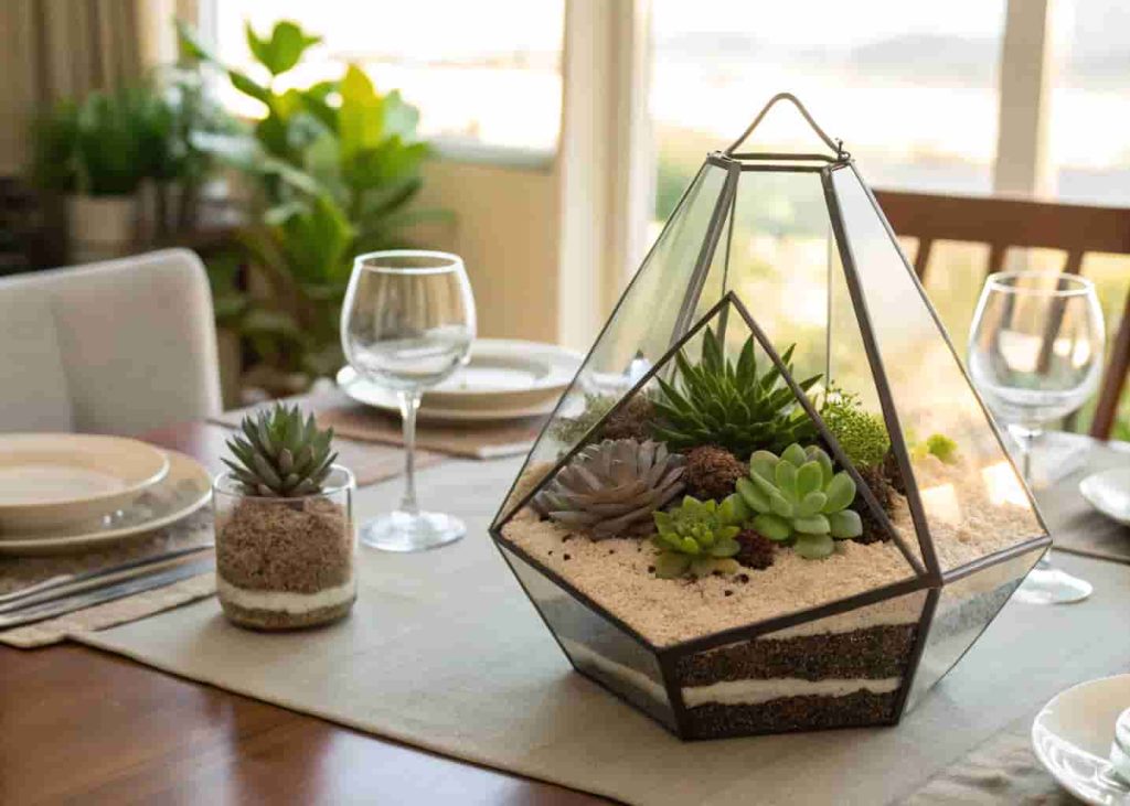 Geometric glass terrarium succulent planter with layered sand and pebbles on a dining table