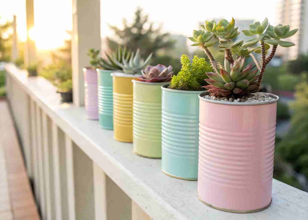 DIY tin can succulent planters painted in pastel colors arranged on a balcony railing