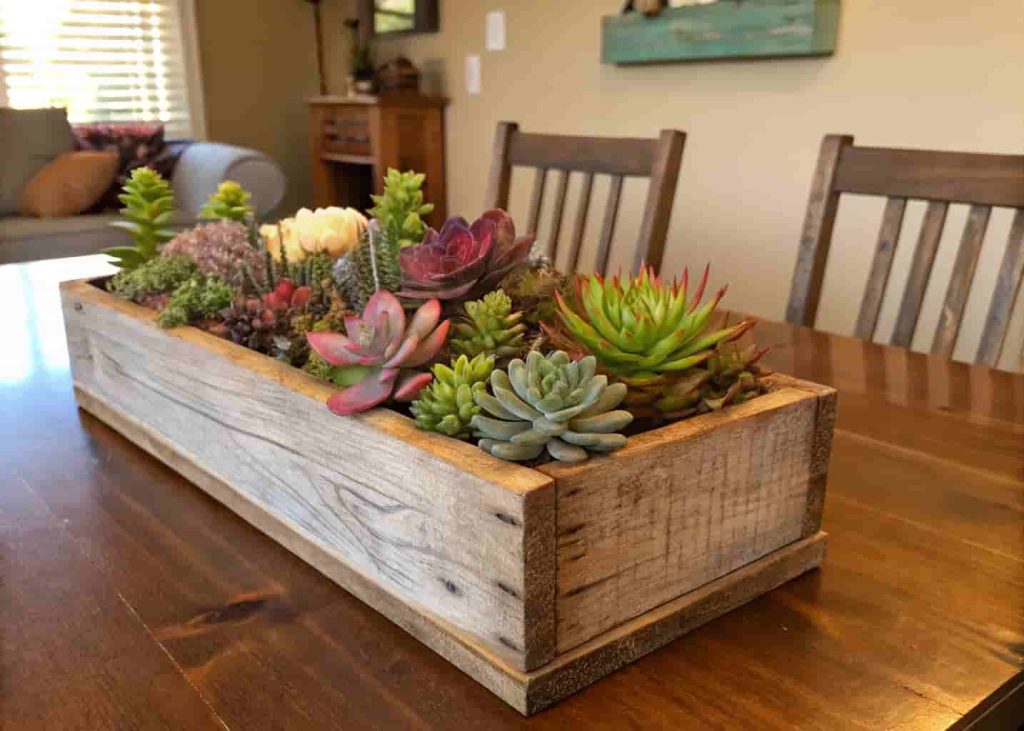 Wooden box succulent planter with mixed varieties used as a farmhouse dining table centerpiece