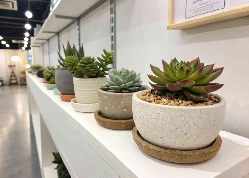 A real photograph of assorted ceramic succulent planters in matte and glazed finishes arranged on a white floating shelf, bright indoor lighting