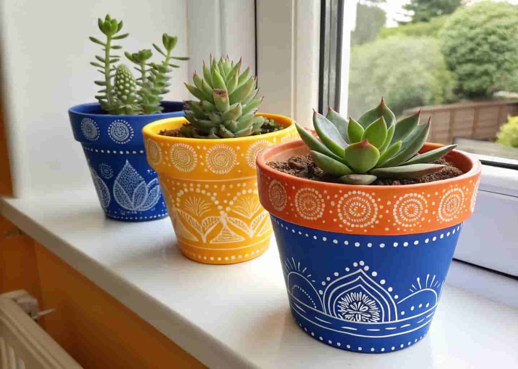 Colorful hand-painted succulent planters in blue, yellow, and orange on a sunny kitchen windowsill