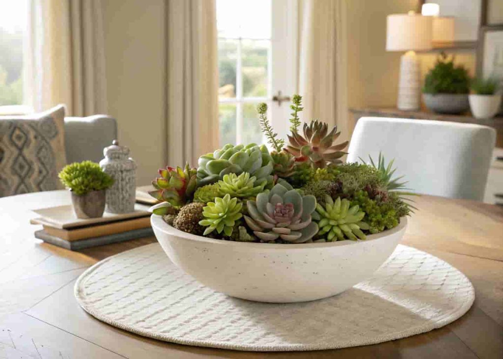 Modern succulent centerpiece in a white bowl on a dining table