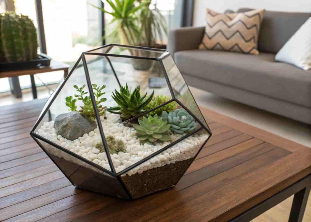 Geometric glass terrarium succulent centerpiece on a wooden coffee table